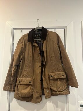 Barbour Brown Waxed Cotton Jacket with Corduroy Collar - Size 10
